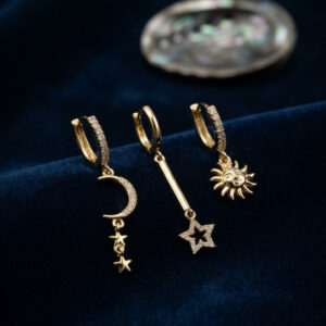 Tegan 3 lü Set Ay Yıldız ve Güneş Model Gold Renk Kadın Küpe TG27BKP11958