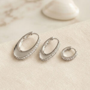 Tegan Gümüş Renk Oval Halka Model Zirkon Taşlı 3 lü Küpe Set TG27BKP11975