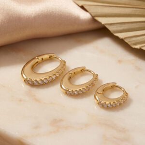 Tegan Gold Renk Oval Halka Model Zirkon Taşlı 3 lü Küpe Set TG27BKP11976