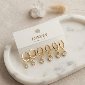 Tegan Kalp Zirkon Taşlı Gold Renk Pirinç Set Küpe TG27BKP11990
