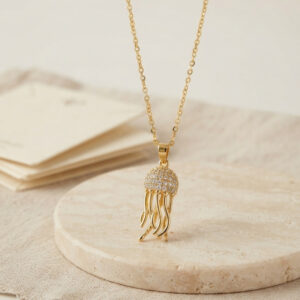 Tegan 316L Çelik Zincir Gold Renk Zirkon Taşlı Jellyfish Model Kolye TG27BKO11172