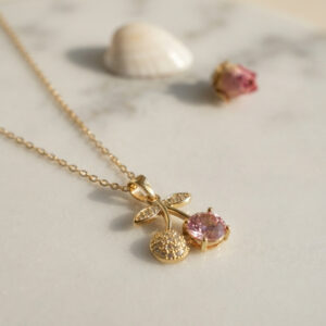 Tegan 316L Çelik Zincir Gold Renk Pembe Kiraz Model Kolye TG27BKO11190