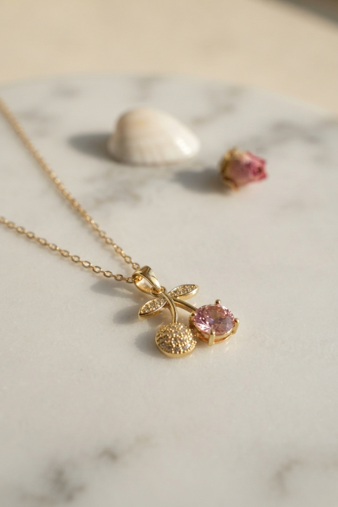 Tegan 316L Çelik Zincir Gold Renk Pembe Kiraz Model Kolye TG27BKO11190 - Görsel 1
