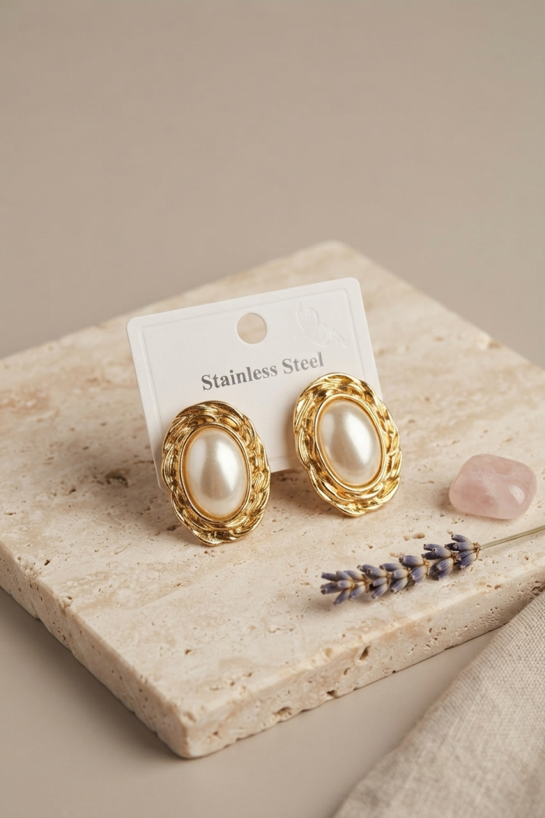 Tegan 316L Gold Renk Gold Renk Vintage Beyaz İncili Model Küpe TG27BKP12060 - Görsel 1