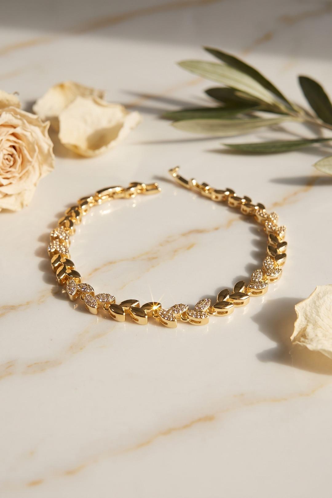 Tegan Gold Renk Pirinç Zirkon Taşlı Başak Model Kadın Bileklik TG27BB8907 - Görsel 1