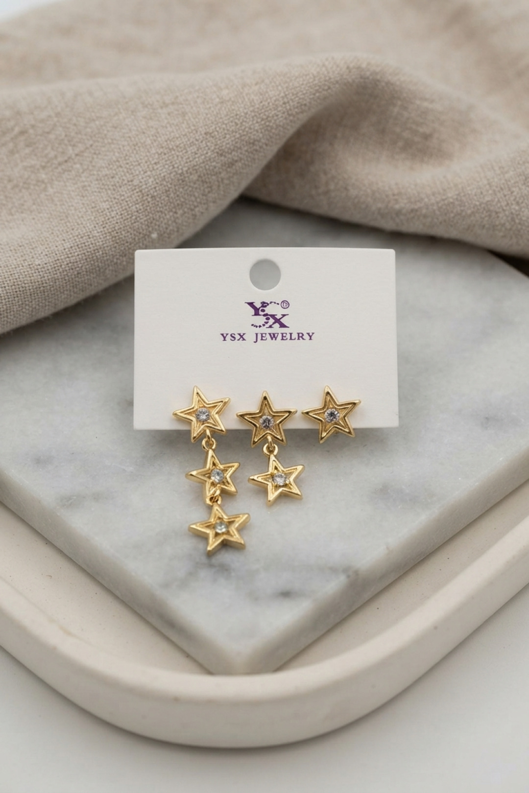 Tegan Gold Renk Pirinç Yıldız Model Sallantılı Kadın Küpe Seti TG27BKP12189 - Görsel 1