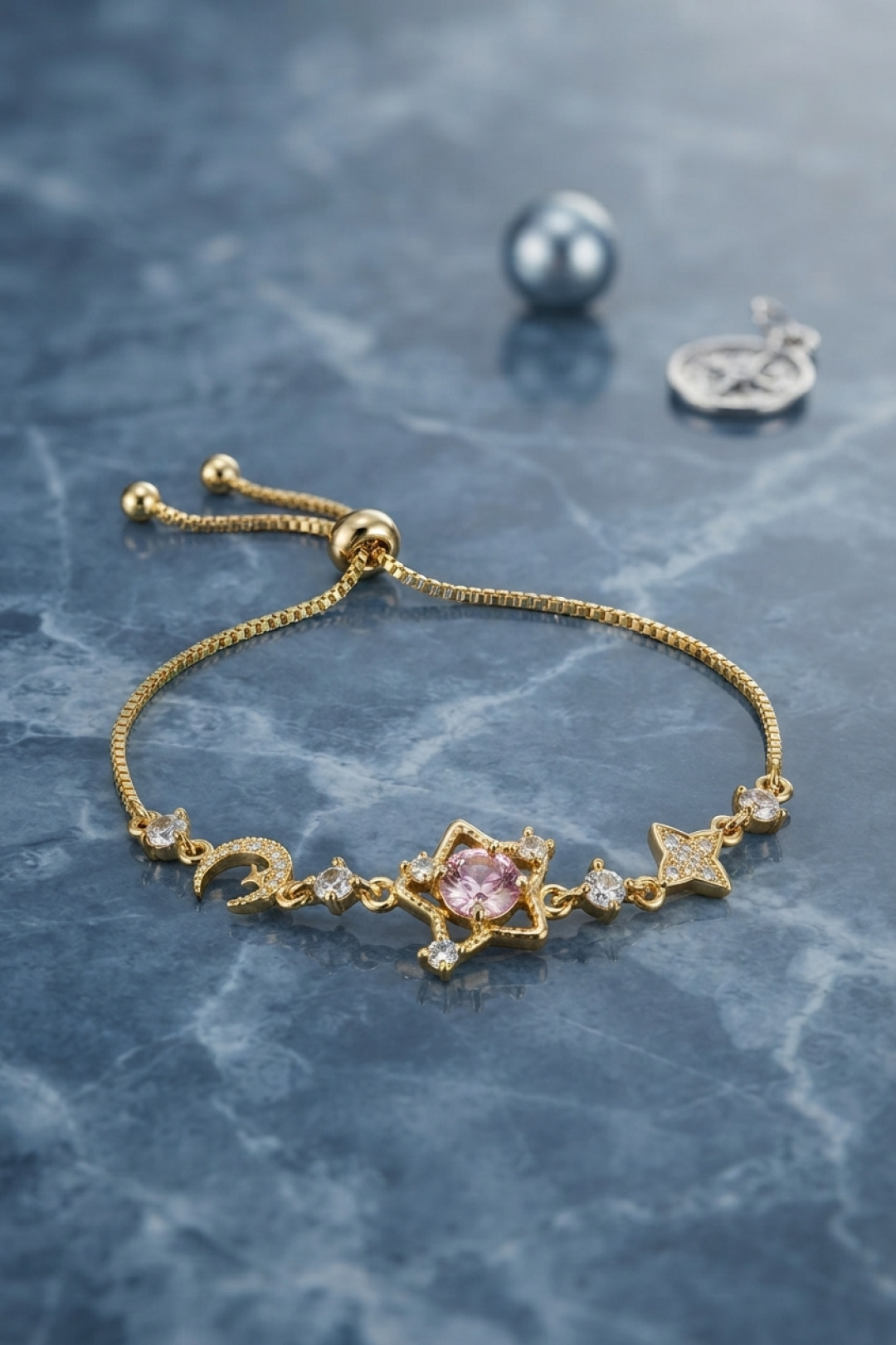 Tegan Pembe Taşlı Yıldız Model Gold Renk Zirkon Taşlı Asansörlü Bileklik TG27BB8920 - Görsel 1